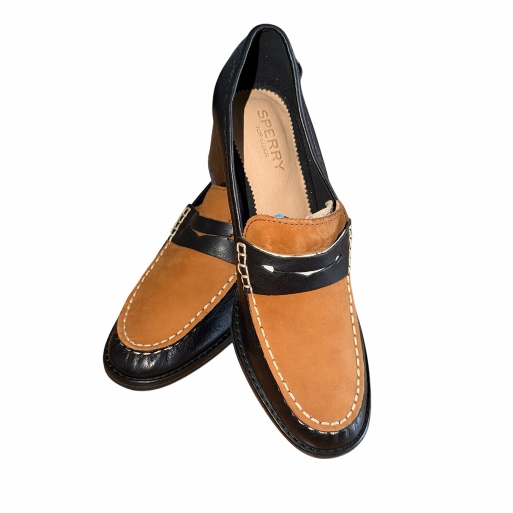 Sperry Seaport Penny Loafer Heels Womens 7.5 Tan Black Leather Block Heel Preppy - Picture 3 of 7